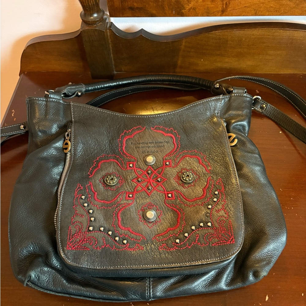 Elegant Black Leather Shoulder Bag with Red Embroidery